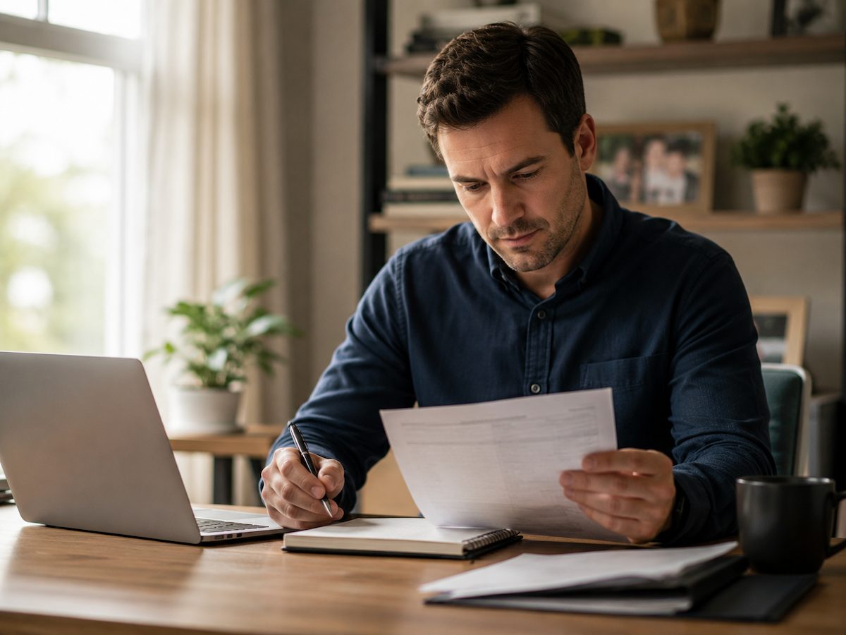 Reviewing case paperwork at a desk
