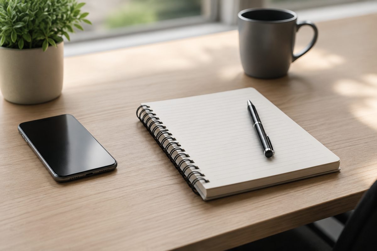 Desk with phone and notepad